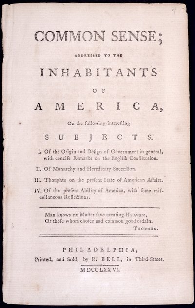Thomas Paine的常识标题页（1737-1809）1776（打印） 作者 美国学校