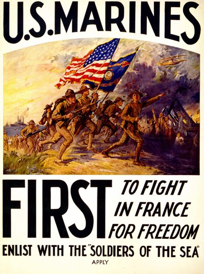 美国海军陆战队--关于在法国为自由而战的士兵的海报（1914-1918）。 作者 美国学校
