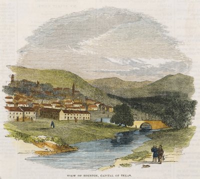 休斯敦，得克萨斯州的首都看法，c。 1852年（手工彩色木版画） 作者 美国学校