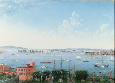 纽约港的视图从布鲁克林高地，1860年（亚麻油） 作者 美国学校