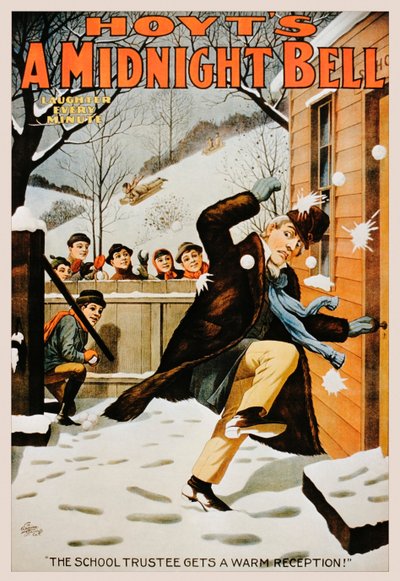 男孩用雪球向男人投掷的老式海报，1890-99年 作者 美国学校