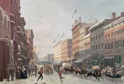 百老汇的冬天场面，纽约，1857年 作者 美国学校