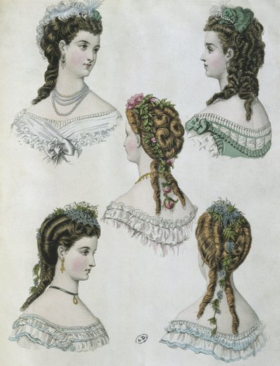 发型，插图来自&39;La Mode illustree&39;，1860年（彩色雕刻） 作者 阿奈斯·图杜兹（Anais Toudouze）