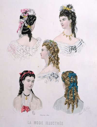 带有丝带的发型，插图来自&39;La Mode Illustree&39;，1872年（彩色雕刻） 作者 阿奈斯·图杜兹（Anais Toudouze）