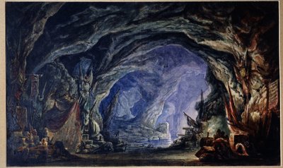 阿道夫-亚当（Adolphe Adam，1803-1856 年）芭蕾舞剧《海盗》的舞台设计。海盗们的洞穴，可从海上进入，他们在此存放战利品和各种奖品（织物、餐具、武器）。(......) 作者 阿纳托利·费多罗维奇·盖尔策