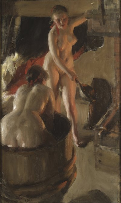 Filles de Dalecarlie prenant un bain - 来自达拉纳洗澡的女孩，作者：Zorn, Anders Leonard (1860-1920)。 布面油画 作者 伦纳德·佐恩与众不同