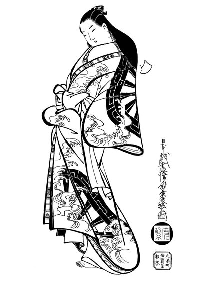 1700年代，头发垂下来的女人。 作者 安藤会月堂