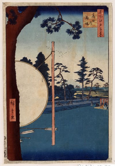 日本版画：高田赛马场（日本东京）。(江户百景系列）。(高田的赛马场。江户百景系列）。宇多川广重（1797-1858 年）的作品，木版画 作者 安藤或歌川广重