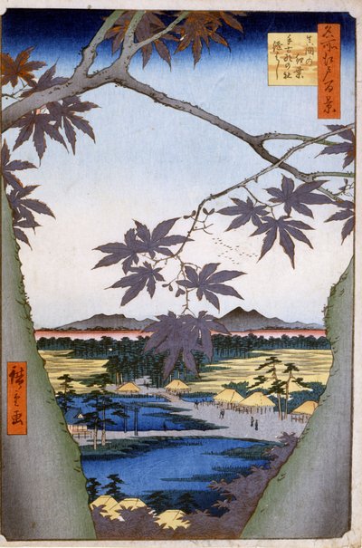 枫树到妈妈与Tekona寺和Tsugi桥。1857.葛饰（Utagawa）广重（1797-1858）的版画。 作者 安藤或歌川广重