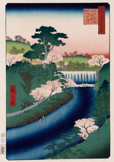 “江户著名景点百景”系列中的王子寺大ton河大坝，俗称“大瀑布” 作者 Ando or Utagawa Hiroshige