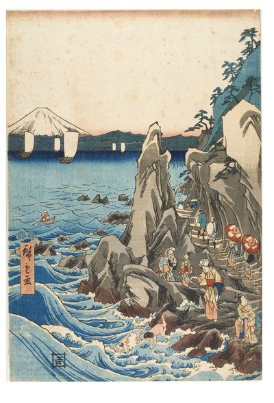 相模省江之岛主神社的弁天雕像展览的朝圣之旅，约1847-1852年（纸上木刻版画） 作者 安藤或歌川广重