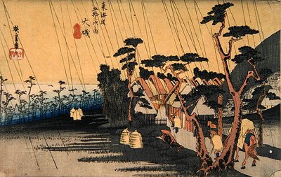 骤雨，大矶，来自 "东海道五十三站 "系列，约1833-34（彩色木版画）。 作者 安藤或歌川广重