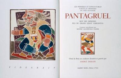 Les horribles et espouvantables faictz et prouesses du tres renomme Pantagruel, Roy des Dipsodes, fils du grand geant Gargantua 的扉页。作者弗朗索瓦-拉伯雷（Francois Rabelais，约 1494-1553 年），1943 年（木刻）。 作者 安德烈·德雷恩