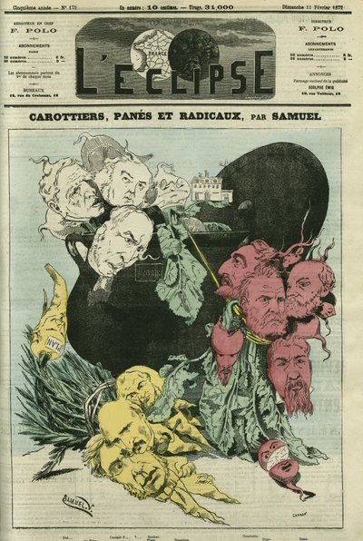 Carrots, panes and radicals, the different political parties in vegetables in the pot of power. Drawing replacing the cartoon of Gill, censuree. Cover in “” L