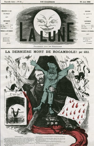 “La last mort de Rocamole”的卡通片及其作者 Pierre Alexis Ponson du Terrail（1829-1871 年）。 吉尔卡通，在“月亮”中，8 月 26 日 作者 安德鲁·吉尔