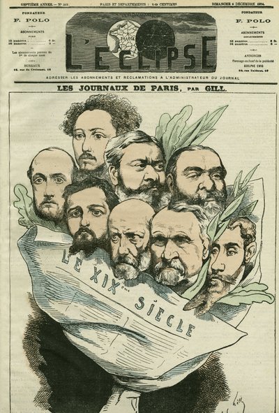 Cartoon of the team of the newspaper “” Le XIXe siècle””, directed by Edmont About (1828-?) , a French man of letters. Cover in “” L