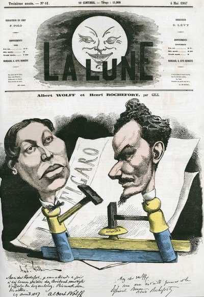 阿尔伯特-沃尔夫和亨利-罗什福尔（1831-1913）法国记者和政治家的画像。吉尔的漫画，载于《月亮》，5月4日 作者 安德鲁·吉尔