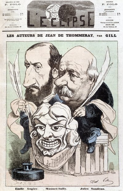 Emile AUGIER (1820-1889) 和 Jules SANDEAU (1811-1883) 的肖像，剧名《让·德·波默雷》的作者，手持描绘喜剧演员穆奈·萨利 (Jean Sully Mounet, Mounet Sully) 脸的面具 作者 安德鲁·吉尔