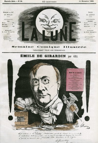 埃米尔·德·吉拉尔丹（Emile de Girardin，1806-1881 年）的肖像，法国记者。 吉尔卡通，在“月亮”中，11 月 11 日 作者 安德鲁·吉尔