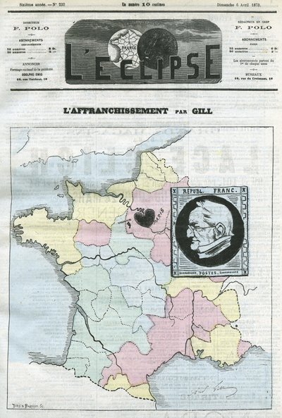 邮资，法国四区地图及其邮票，印有共和国总统阿道夫-梯也尔（1797-1877）的侧面。4月6日，吉尔撰写的《日食》杂志封面 作者 安德鲁·吉尔
