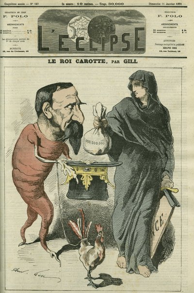 胡萝卜王，拿破仑三世（1808-1873），共和国总统和法国皇帝，直到1870年色当战败。1月21日，吉尔的《日食》杂志封面 作者 安德鲁·吉尔
