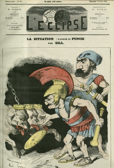 The situation, cartoon by Adolphe Thiers (1797-1877) and Leon Gambetta (1838-1882) giving a ministry to royalist and bonapartist dogs. Cover in “” L
