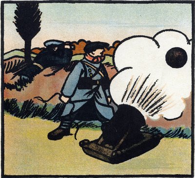 1914-1918 年第一次世界大战（14-18）：炸弹发射器。一名法国士兵用大炮向敌人发射炸弹。1914-1916 年大战字母表（献给我们士兵的孩子）"中的雕刻。Berger-Levrault 出版社 作者 安德烈·赫勒
