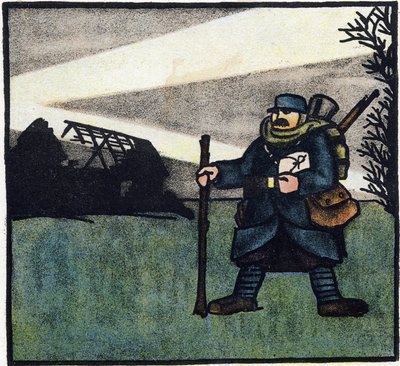 1914-1918 年第一次世界大战（14-18 岁）：毛发。身着军装的法国士兵肖像，背着背包、书包和步枪。1914-1916 年大战字母表（献给我们士兵的孩子）"中的雕刻。Berger-Levrault 出版社 作者 安德烈·赫勒
