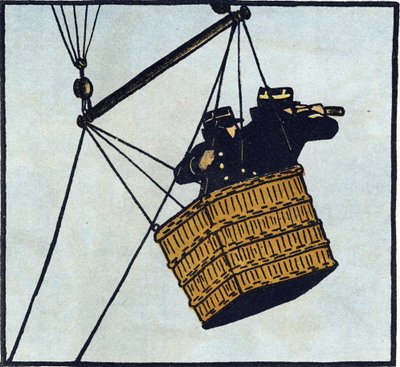 1914-1918 年第一次世界大战（14-18）：法国军队的观察员（观察哨）在一个俘虏气球上试图发现敌人。1914-1916 年大战字母表（献给我们士兵的孩子）"中的雕刻。Berger-Levrault 出版社 作者 安德烈·赫勒