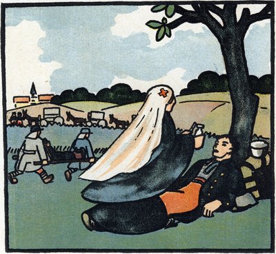 1914-1918 年第一次世界大战（14-18）：红十字会护士远赴战场照顾士兵。1914-1916 年大战字母表（献给我们士兵的孩子）"中的雕刻。Berger-Levrault 出版社 作者 安德烈·赫勒