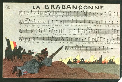 明信片，彩色讽刺画，约 1915 年：La brabanconne - 14-18 年战争，比利时，咏唱 - 士兵 插图，安德烈-海尔（1875-1945 年） 作者 安德烈·赫勒