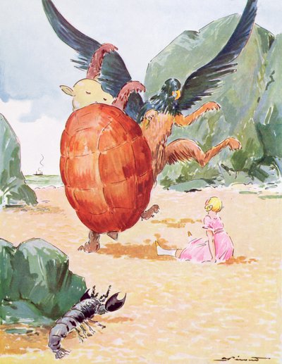 Alice, the Gryphon and the Mock Turtle，刘易斯-卡罗尔（1832-98 年）《爱丽丝梦游仙境》插图，巴黎德拉格拉夫出版社出版 作者 安德烈·佩库德