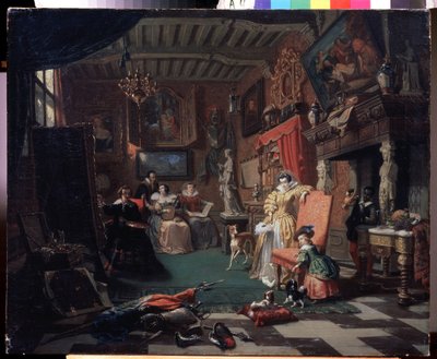 《画家安东尼·范戴克 (Antoon) van Dyck (1599-1641) 画肖像的工作室》（安东尼·范戴克爵士画肖像）安德烈·普卢莫 (Andre Plumot, 1829-1906) 的绘画，1853 年俄罗斯卡卢加地区艺术博物馆 作者 安德烈·普卢莫