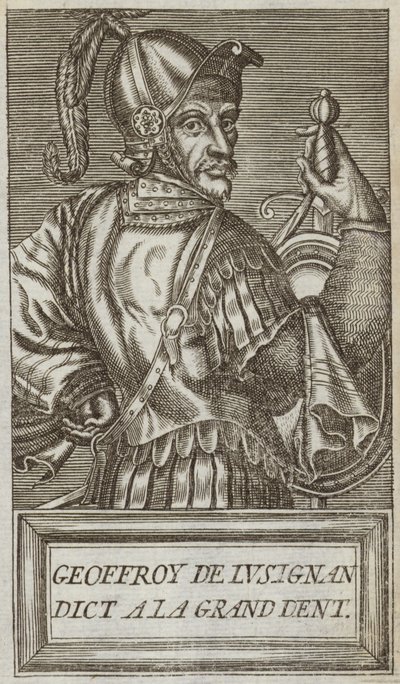 Lusignan的Geoffrey，雅法伯爵和Ascalon，Vouvant领主以及Montcontour和Soubise的事件，来自“杰出人物的肖像和生活”的插图，1584年 作者 Andre Thevet