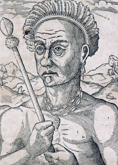 巴西Quoniambec国王，雕刻自《世界宇宙学》，作者Andre Thevet（1504-1592），巴黎。 作者 安德烈·塞维特（Andre Thevet）