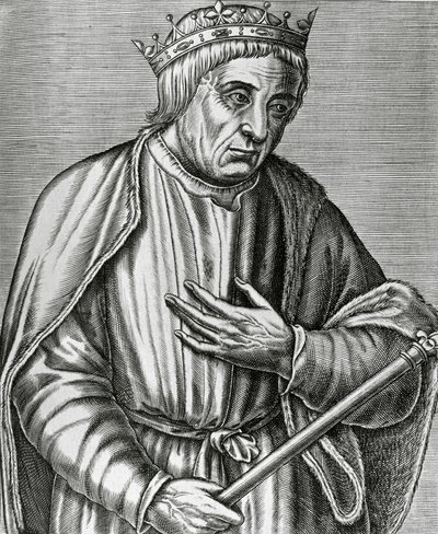 波兰国王卡西米尔三世的肖像，被称为大帝（1310-1370），雕刻自Les Vrais pourtraits et Vies des Hommes illustres。 作者 安德烈·塞维特（Andre Thevet）