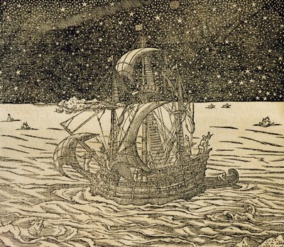 水手们沿着北方的路线前进，雕刻自《宇宙学》，作者安德烈-特维特（1504-1592），巴黎。 作者 安德烈·塞维特（Andre Thevet）