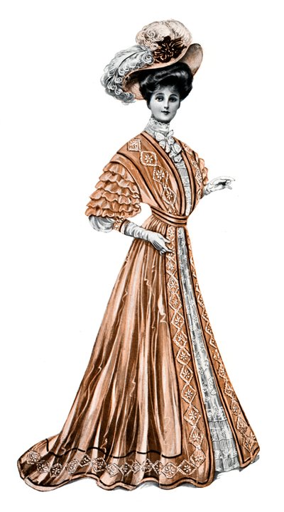 穿着长裙子和帽子的女人，1908-1909年。 作者 安德烈和雪橇