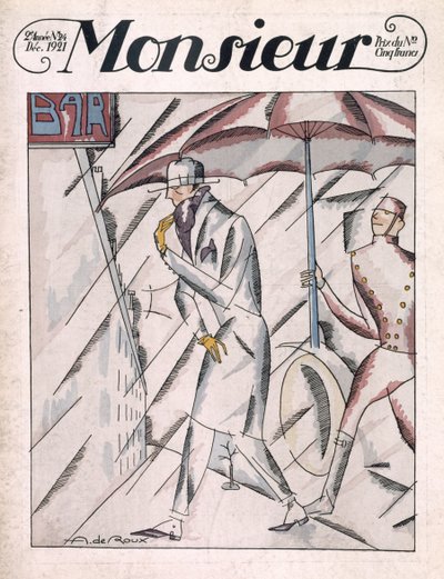 穿雨衣的男子，《Monsieur》杂志第 24 期封面，1921 年 12 月出版。1921 年 12 月（pochoir 印刷品） 作者 安德烈德鲁
