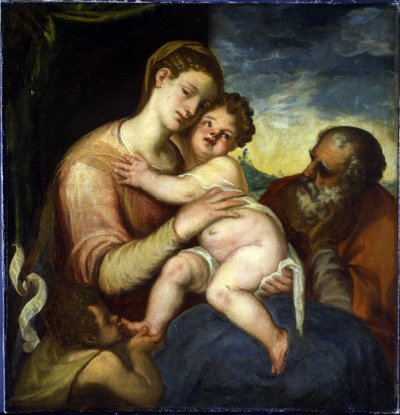 圣家族与施洗约翰 par Schiavone, Andrea (ca. 1520-1582)。 布面油画，尺寸：98x93，布拉格城堡 作者 Andrea Schiavone