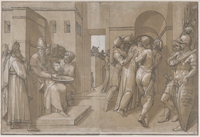 基督被带离，士兵们站在床单的右侧，1585年。 作者 安德里亚（Andrea Andreani）
