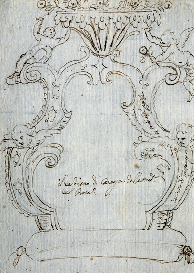椅背草图，约1715年，安德烈-布鲁斯托隆（1662-1732），白纸铅笔和钢笔，意大利 作者 安德里亚·布鲁斯托隆（Andrea Brustolon）