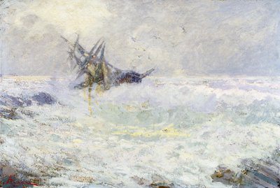 《暴风雨的海或最后的吻》，安德里亚·费加里 (1858-1954)，纸板油画，72x105 厘米。 意大利 作者 安德里亚·费加里