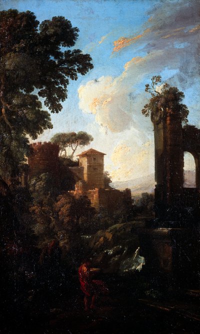 有废墟和画家的风景，由Andrea Locatelli（1695-1741）创作，布面油画，41x25厘米。 作者 安德里亚·洛卡特里（Andrea Locatelli）