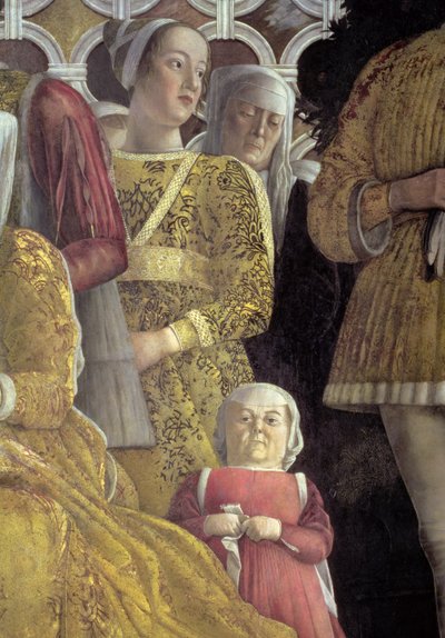 矮人和其他朝臣从曼图亚的Marchese Ludovico Gonzaga III的家庭和宫廷的集体肖像，来自相机degli Sposi或相机Picta，1465-74壁画细节78449 作者 安德里亚·曼特尼亚（Andrea Mantegna）