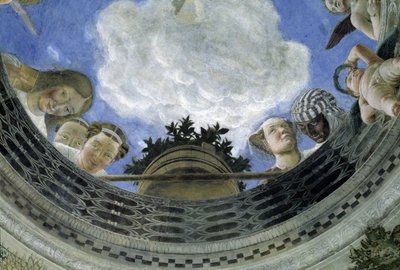 意大利曼托瓦公爵宫配偶之家天花板的凹槽（Camera degli Sposi，Palazzo Ducale，Mantova）：寓言人物和肉体细节。安德里亚-曼特纳（1431-1506 年）的壁画 作者 安德里亚·曼特尼亚（Andrea Mantegna）