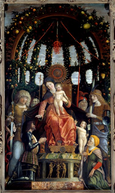 胜利圣母 (Victory Altarpiece) (Madonna della Vittoria)。 代表圣母玛利亚：圣迈克尔、圣乔治、圣隆金和圣安德烈。 这幅画的赞助人，曼图亚侯爵，弗朗索瓦二世·德·冈萨格（Francesco II Gonzaga）（ 作者 安德里亚·曼特尼亚（Andrea Mantegna）