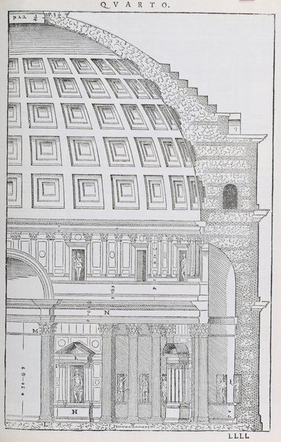 万神殿的横截面，插图来自帕拉迪奥写的&39;I Quattro Libri dell&39;Architettura&39;的传真副本，最初出版1570 作者 Andrea Palladio