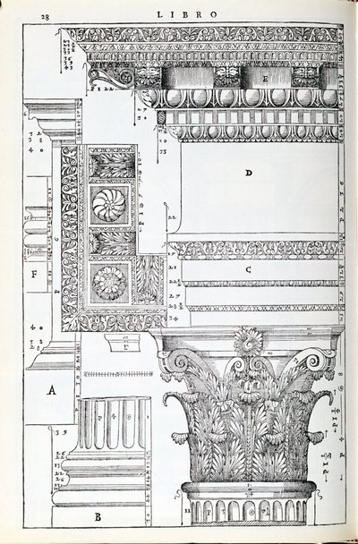 来自Trajan的Tempio的装饰细节，插图来自Palladio所写的&39;I Quattro Libri dell&39;Architettura&39;的传真副本，最初出版1570 作者 安德里亚·帕拉迪奥（Andrea Palladio）