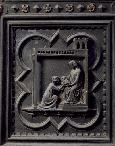 Salome将施洗者圣约翰的头颅带到她的母亲Herodias，Herod的妻子，San Giovanni洗礼堂南门的第十八小组，1336（青铜） 作者 Andrea Pisano